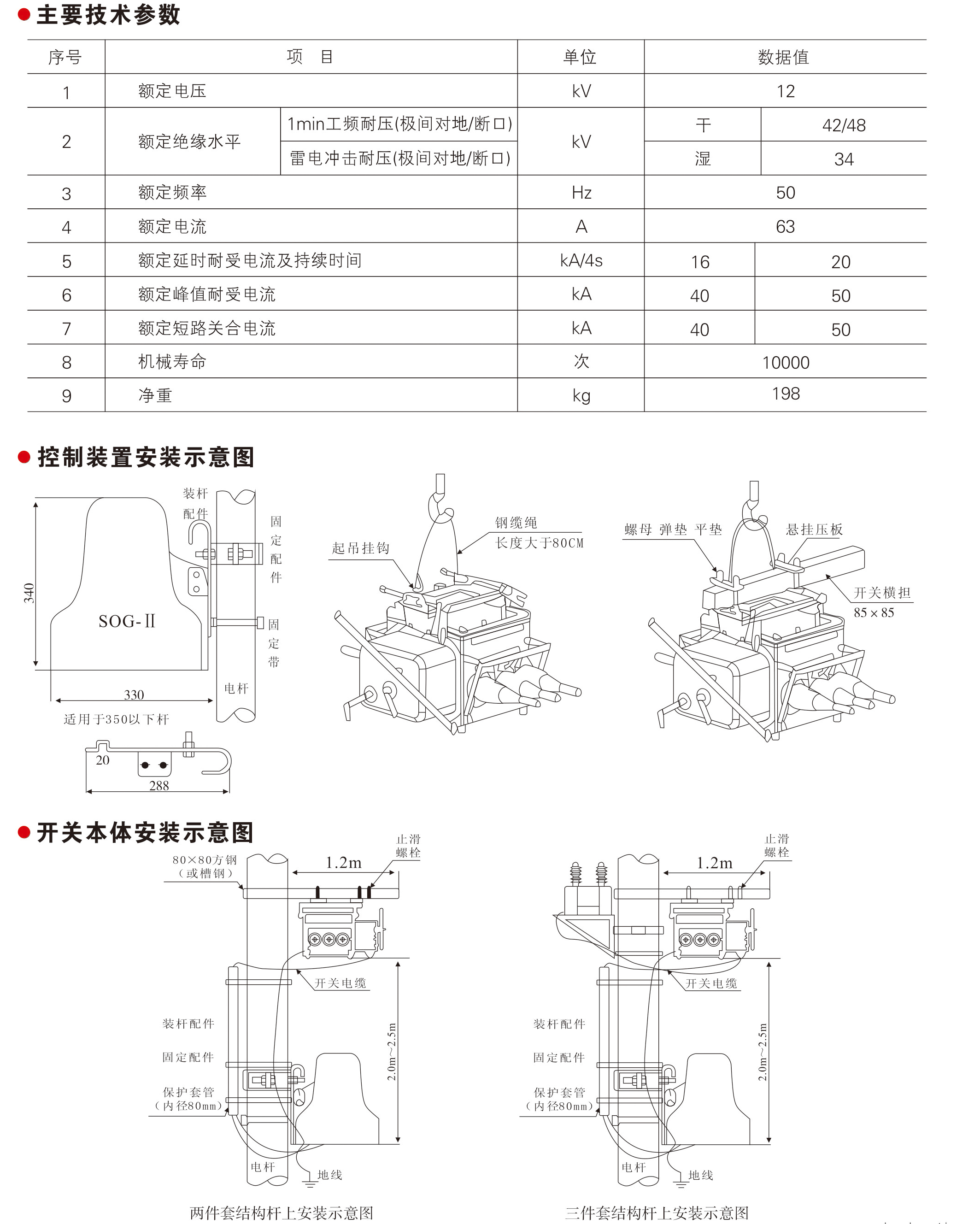 FZW28-12系列 户外分界真空负荷开关主要技术参数、控制装置安装示意图和开关本体安装示意图